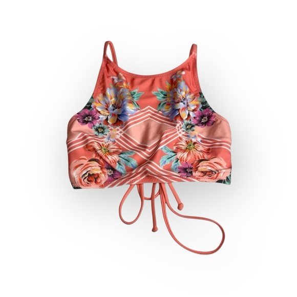 Minkpink ☀︎︎ High Neck Lace Up Back Halter Bikini Top ☀︎︎ Pink Floral Print ☀︎︎ - Picture 2 of 16